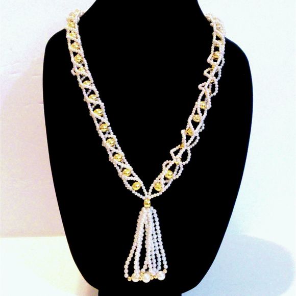 Vintage Woven Faux Pearl and Gold Bead Tassel Necklace - Picture 1 of 3